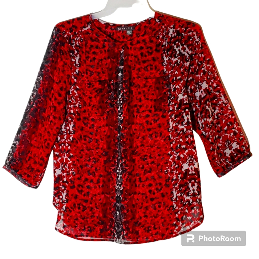 S/I Studio women's plus size 1X geometric patterned sheer pullover tunic. 875